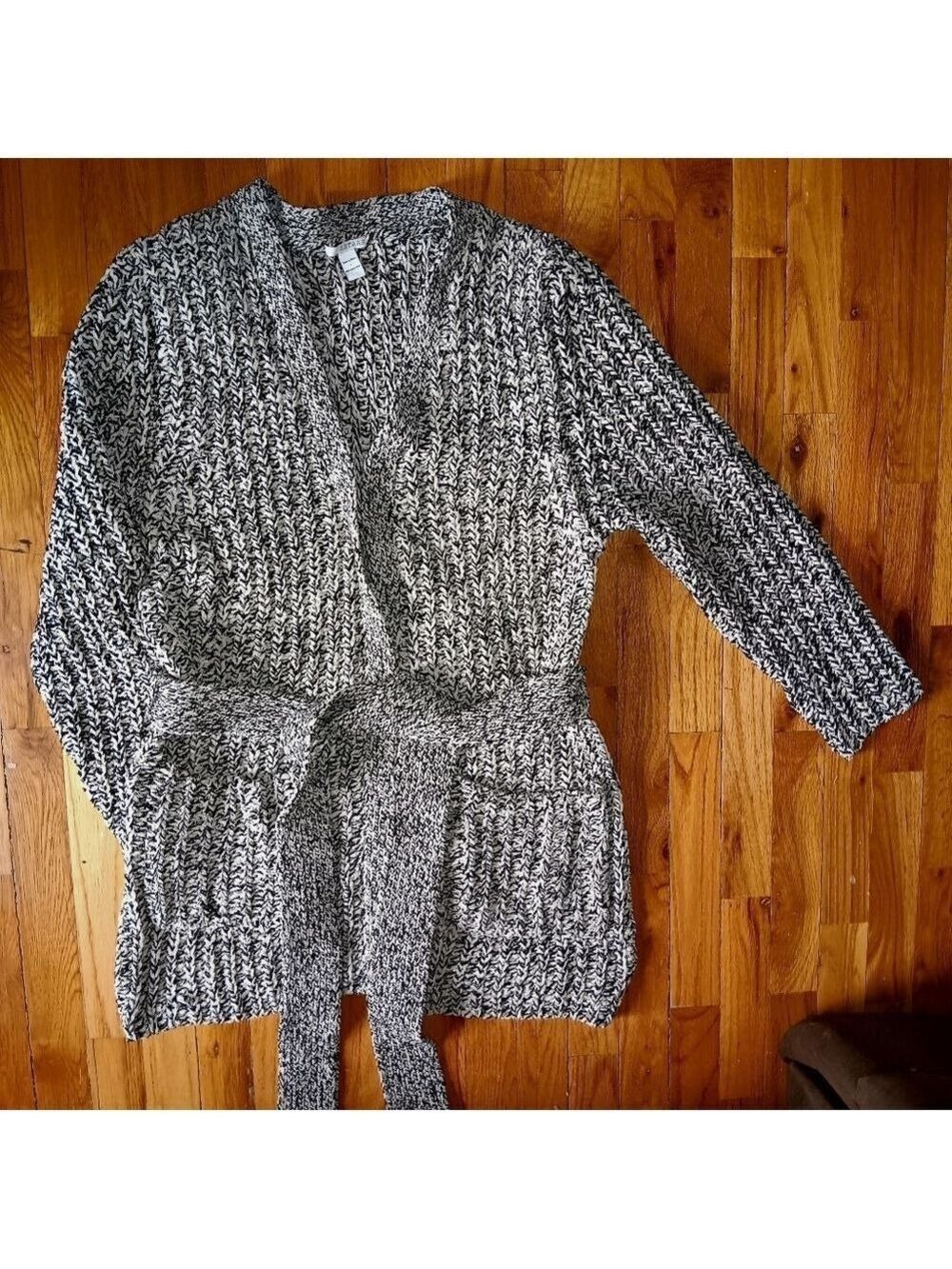 Astars Belted Cardigan Sweater Black & White Speckled Size L